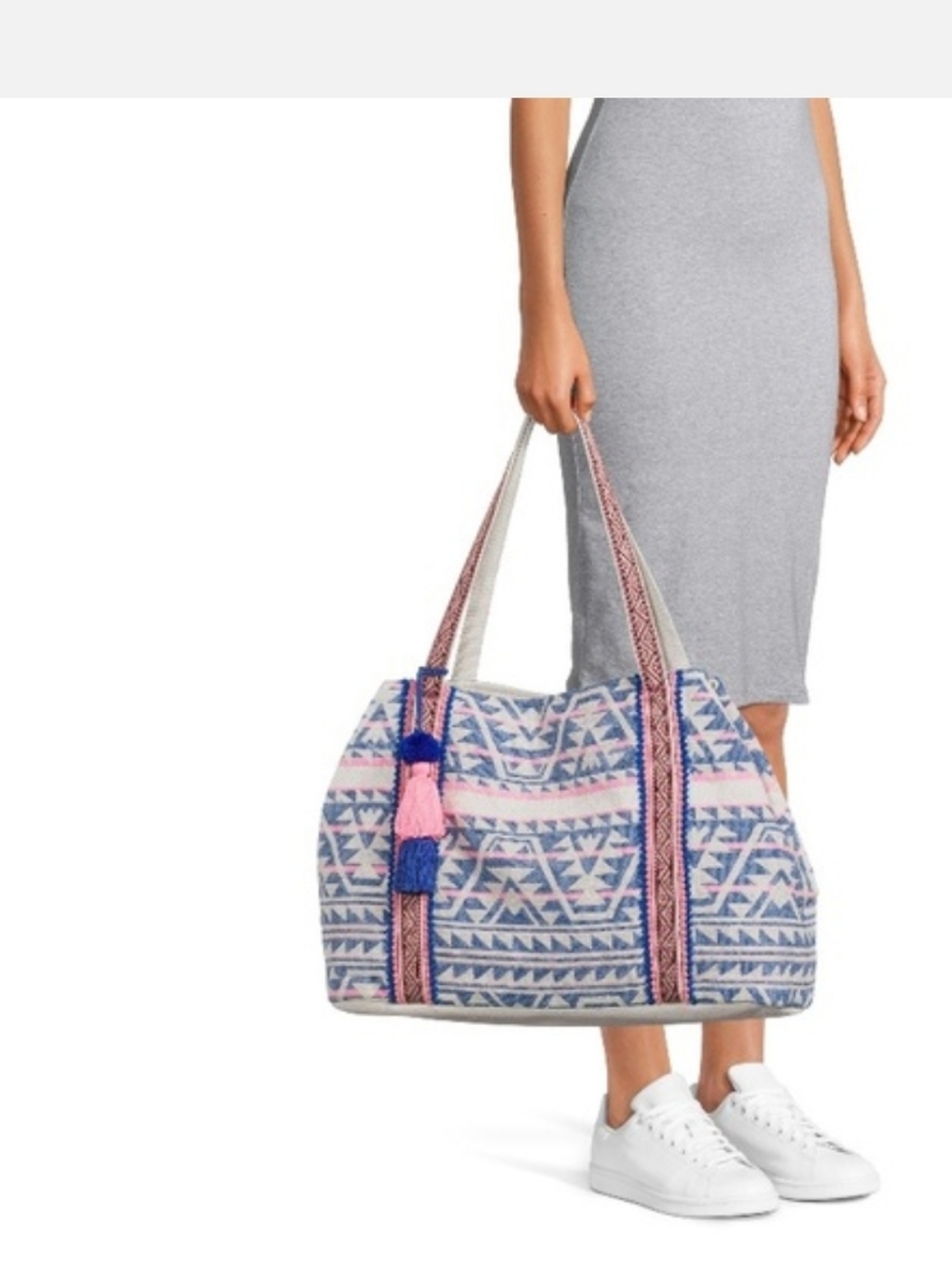 Woven Aztec Pattern Tote Bag in Blue and Pink
